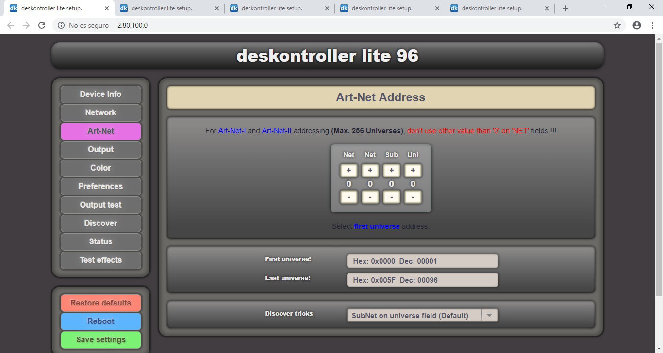 deskontroller LITE setup page Art-Net.