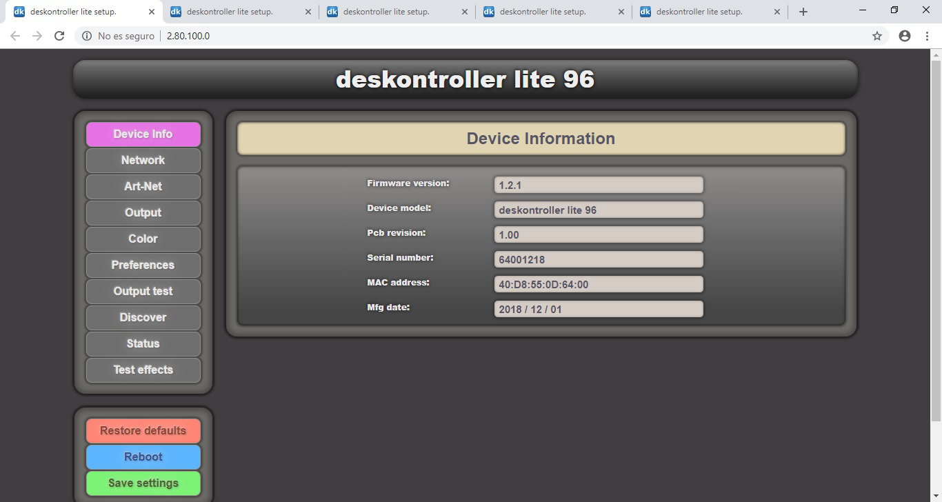 deskontroller LITE setup page device info.
