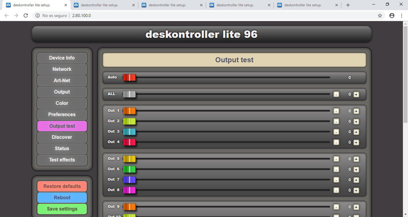 deskontroller LITE setup page Output test.