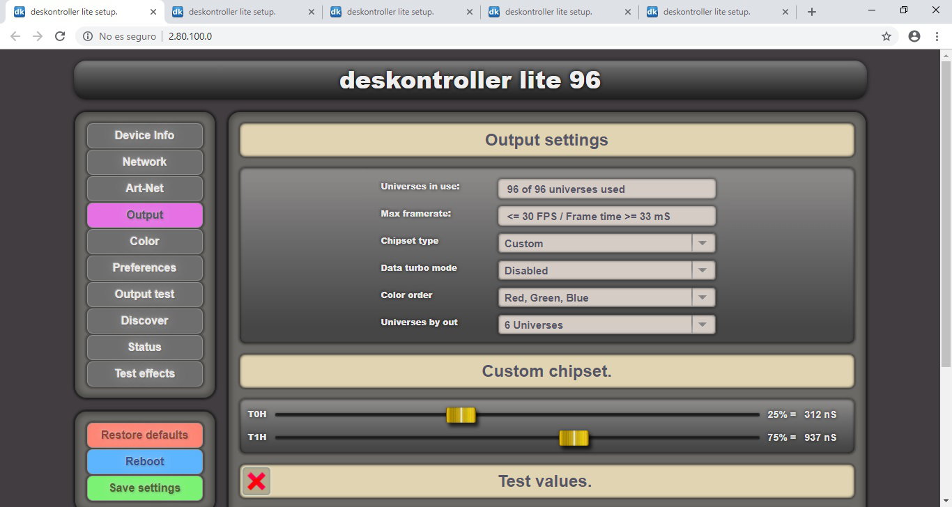 deskontroller LITE setup page Output.