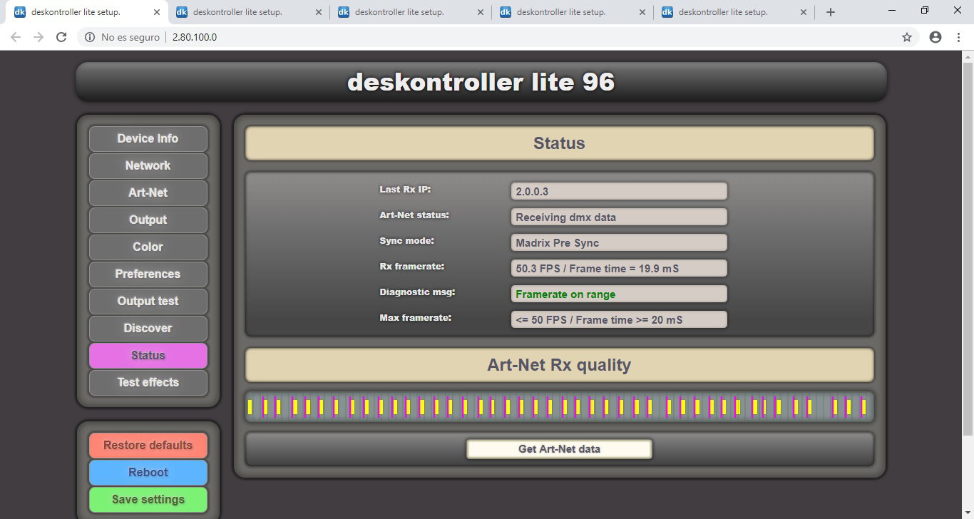 deskontroller LITE setup page Status.