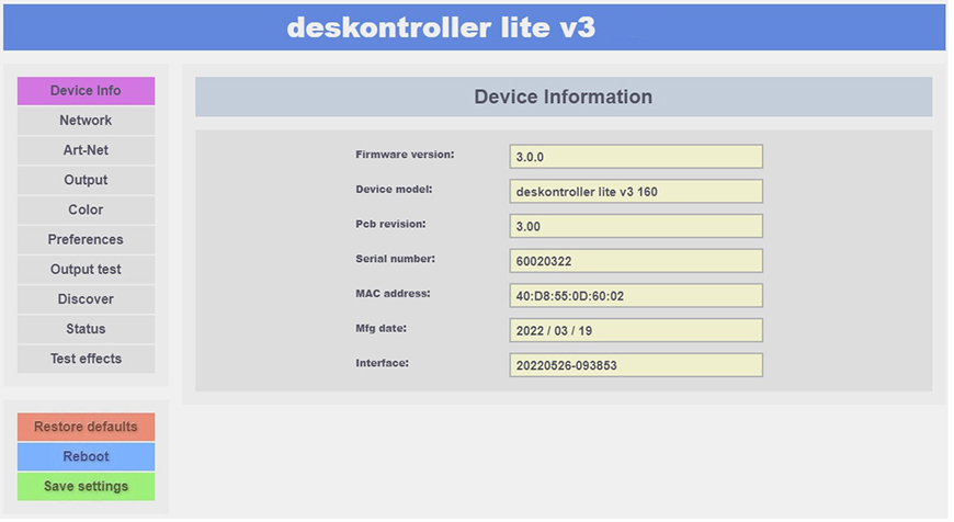 deskontroller LITE V3 Device info setup page.