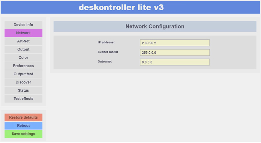 deskontroller LITE V3 Network setup page.