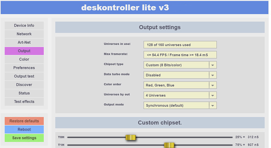deskontroller LITE V3 Output setup page.