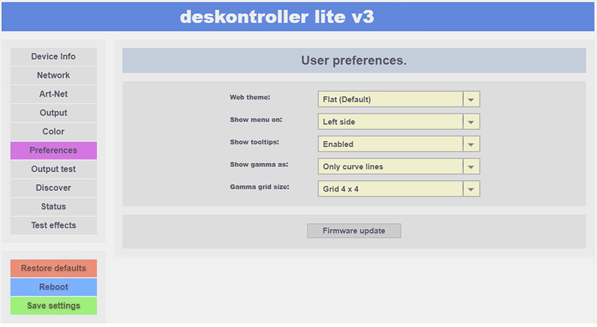 deskontroller LITE V3 Preferences setup page.