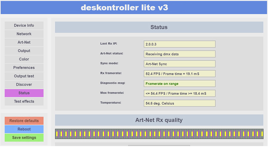 deskontroller LITE V3 Status setup page.